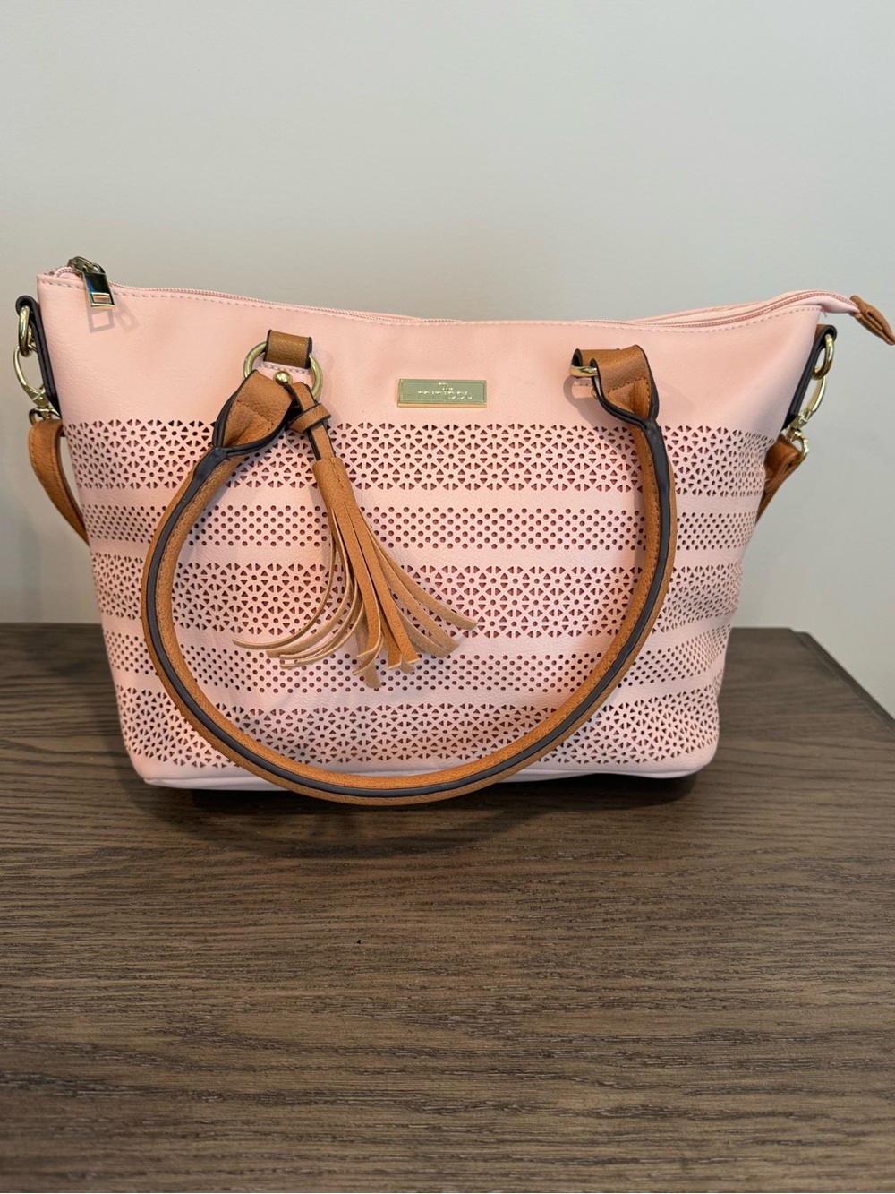 Blush Pink Laser Cut Shoulder Bag Tassel Accent